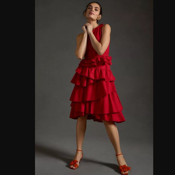 NWT Anthropologie Red Tiered Midi Dress - Size 2 - Picture 2 of 5